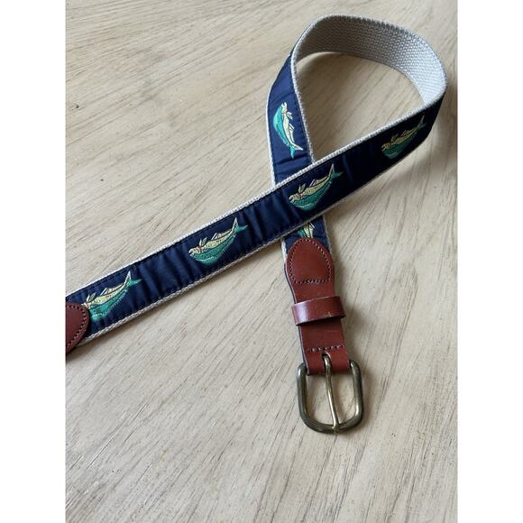 Leather Man LTD Canvas Belt Mens 32 Fish Mahi Blue Dolphin Brass Buckle USA Dad - Picture 12 of 12